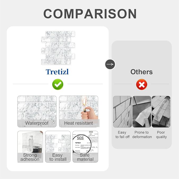 10 Sheets Thicker Design Peel and Stick Backsplash, 12"x12" Peel and Stick Wall Tiles, Subway Look Marble Tiles Backsplash for Kitchen and Bathroom, Snow Flake White