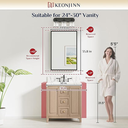 Keonjinn 24" x 36" Black Bathroom Mirrors for Wall, Anti Rust Metal Frame | Rectangular Mirrors for Bathroom Sink, Black Bathroom Vanity Mirror, Square Corner, Safety Tempered Glass, Farmhouse Style