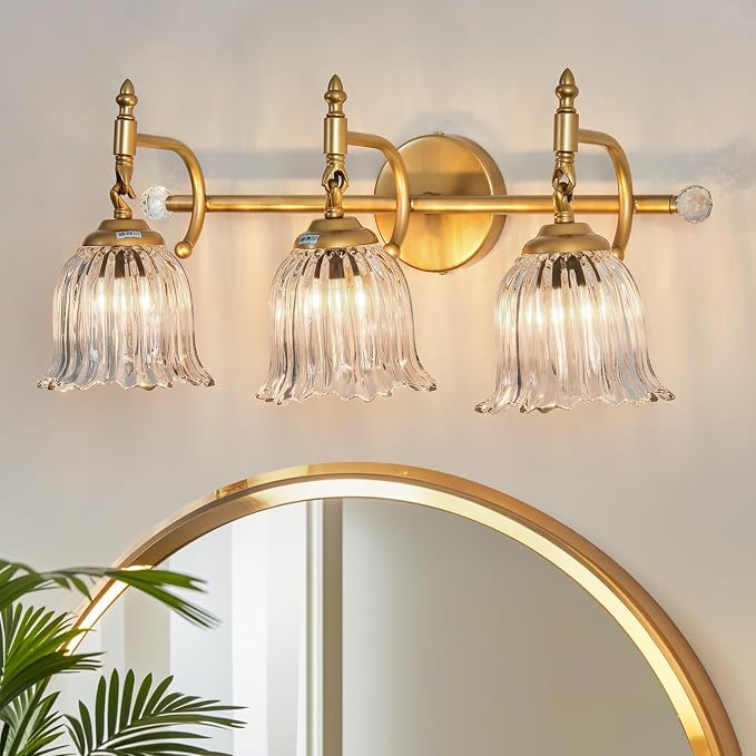 CVKASH 3-Light Bathroom Vanity Light Fixtures Over Mirror,Brushed Gold Modern Vanity Lights with Glass Shade Vintage Wall Sconce for Bedroom Dressing Room Living Room Hallway Cabinet