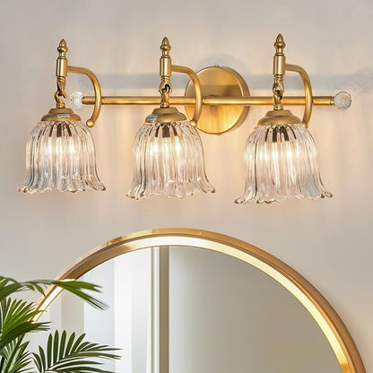 CVKASH 3-Light Bathroom Vanity Light Fixtures Over Mirror,Brushed Gold Modern Vanity Lights with Glass Shade Vintage Wall Sconce for Bedroom Dressing Room Living Room Hallway Cabinet