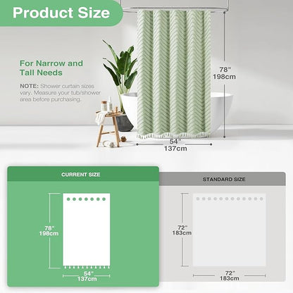 Dynamene Stall Fabric Shower Curtain, 54x78 Inch Boho Tufted Chevron Striped Shower Curtains for Bathroom, Minimalist Heavy Duty Cloth Shower Curtain Set with 10 Hooks, Machine Washable, Sage Green