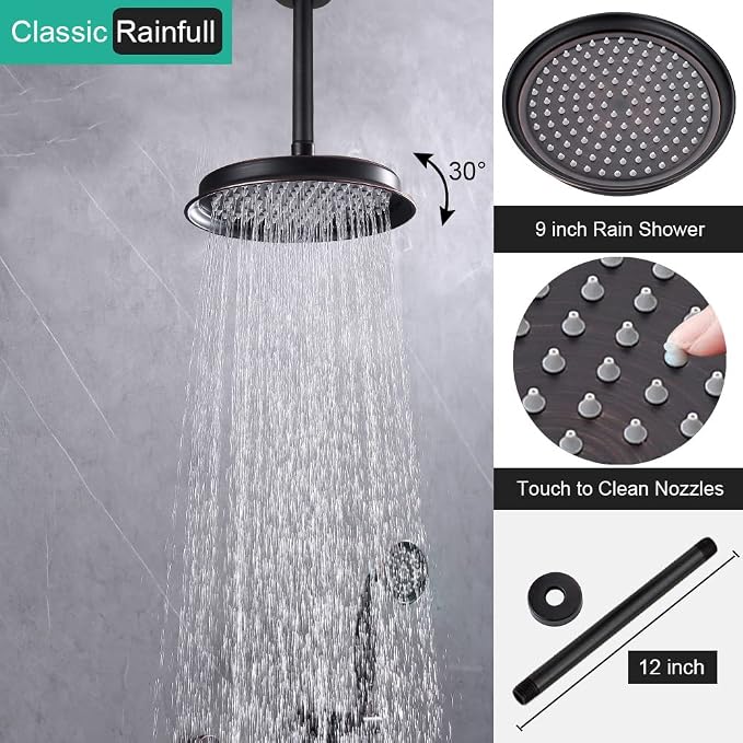 Dual Rain Shower Head System with Handheld Antique Faucet Set | Oil Rubbed Bronze Finish, Multi-layer Plating, Vintage Rainfall, 3 Way Diverter Brass Valve with Trim Kit, Easy Install