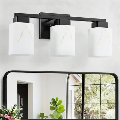 3-Light Square Bathroom Light Fixture, Matte Black Modern Vanity Light with White Marble Glass Shade, for Bathroom Mirror, Living Room, Bedroom, Hallway, E26 Base