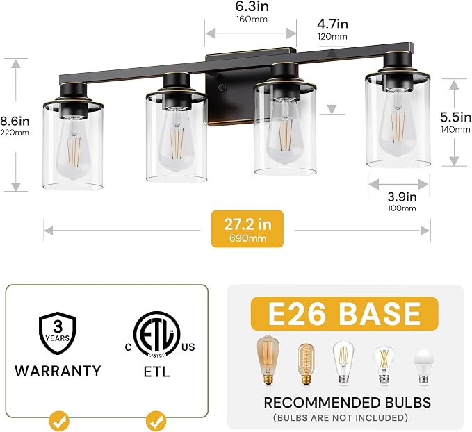 L LOHAS LED 4-Light Bathroom Vanity Light, Black | Modern Bathroom Light Fixture for Bathrooms, Bedrooms and Hallways