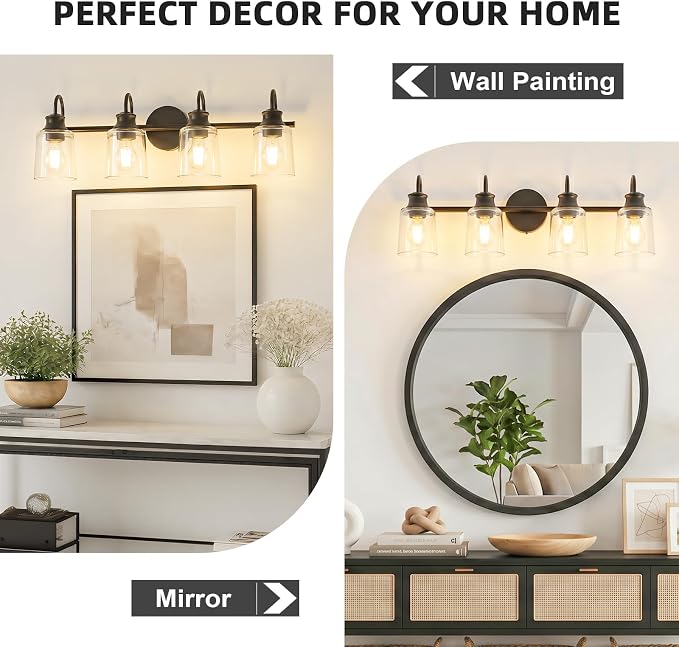 4 Lights Bathroom Light Fixtures Modern Black Vanity Lights | ETL Certificate, Easy to Install,Wall Mount Up or Down,Thickened Glass Lampshade,E26 Socket,Hardwired