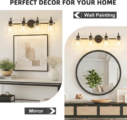 4 Lights Bathroom Light Fixtures Modern Black Vanity Lights | ETL Certificate, Easy to Install,Wall Mount Up or Down,Thickened Glass Lampshade,E26 Socket,Hardwired