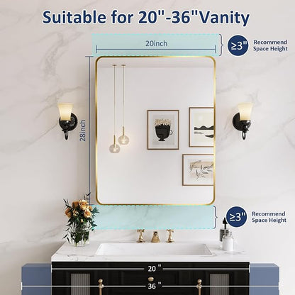 Medicine Cabinet Mirror 20x28 Inch, Gold Bathroom Mirror Cabinet with Stepless Adjustable Shelves, Stainless Steel Frame, Bathroom Mirror with Storage Recessed or Wall Mount