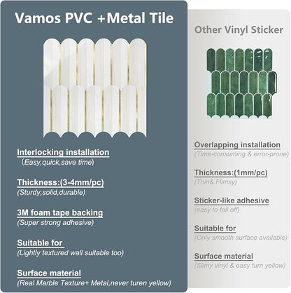 Vamos Tile Peel and Stick Backsplash Seamless Tile,Fish Scale,Glossy,10 pcs | 11.9''x10.8'',White& Dolomite PVC+Light Gold Stick on Backsplash Tile for Kitchen & Bathroom & Laundry & Camper