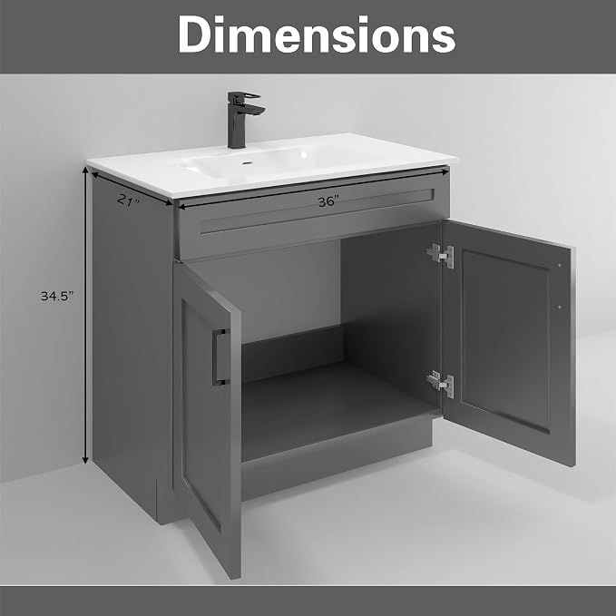 36" Grey Shaker Bathroom Vanity Base – Ready-to-Assemble Bathroom Sink Cabinet, Freestanding Vanity Base Only, RTA Bathroom Cabinet, No Top or Sink