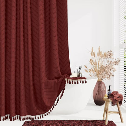 Extra Long Boho Shower Curtain Tufted Chevron 72"x96" Burgundy | 96 Inch Tall, Elegant Tassel, Lightweight Textured Fabric, Water Repellent, Washable, Hotel Spa, for Bathroom/Dorm 12 Hooks
