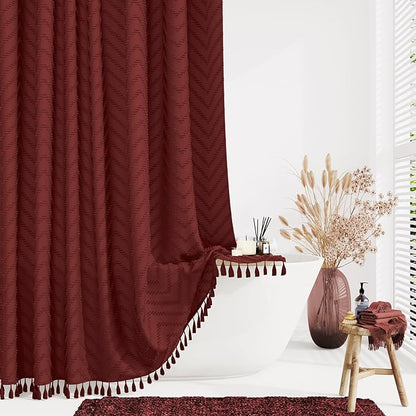 Extra Long Boho Shower Curtain Tufted Chevron 72"x84" Burgundy | 84 Inch Tall, Elegant Tassel, Lightweight Textured Fabric, Water Repellent, Washable, Hotel Spa, for Bathroom/Dorm 12 Hooks