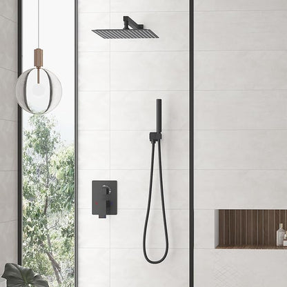 Hoimpro 12'' Rain Shower Head Shower Faucet Set with Handheld Sprayer Black | Stainless Steel Rainfall Shower Head, Shower System Fixture Combo, Square, High Pressure Vlave Trim Kit, Wall Mounted, Matte