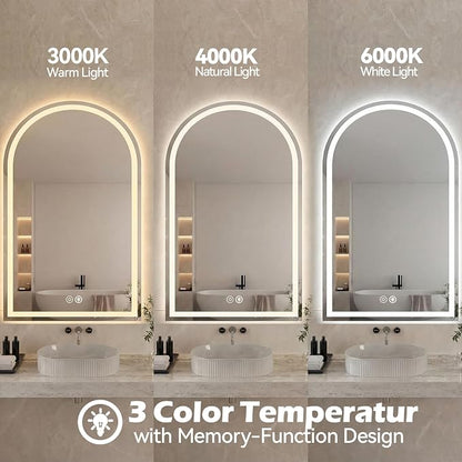 DUMOS 28"x36" LED Bathroom Mirror with Lights, Arched Vanity Mirror | Anti-Fog, Dimmable, 3-Color Light, Memory Function, Front Light and Backlit, Tempered Glass