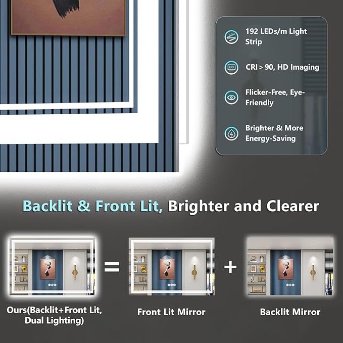 60x28 LED Bathroom Mirror with Lights, Backlit and Front Lit Anti-Fog Lighted Vanity Mirrors for Bathroom Wall, Dimmable, 3-Color Light, Memory, Shatter-Proof, HD Tempered Glass, CRI＞90