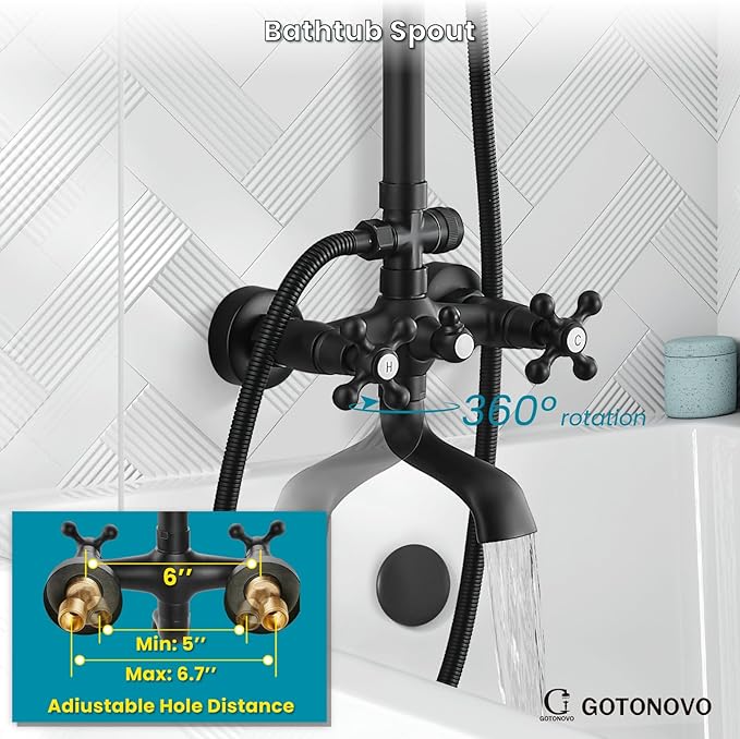 gotonovo Exposed Shower Faucet Set 8 Inch Rainfall Showerhead 3-Function Shower Fixture with Tub Spout 2 Corss Handles Shower System, Matte Black