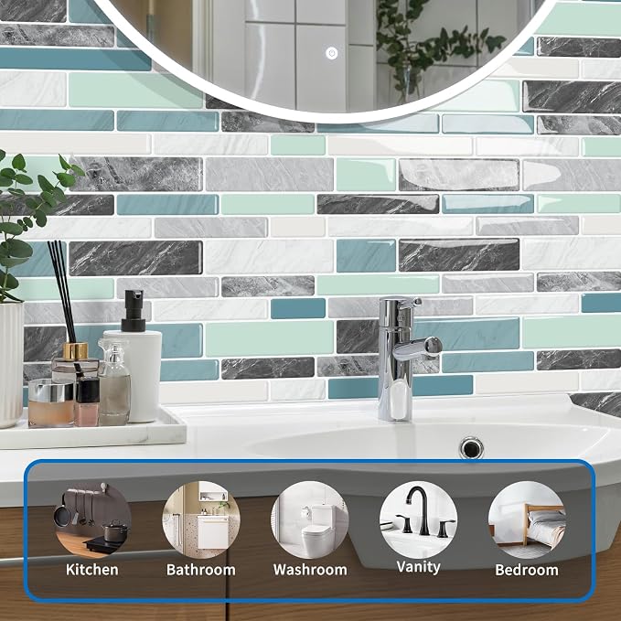10-Sheet Peel and Stick Kitchen Backsplash Tiles | 3D Waterproof Self Adhesive Wall Tile Stick on Backsplash for Kitchen and Bathroom(Blue Green,12"×12")