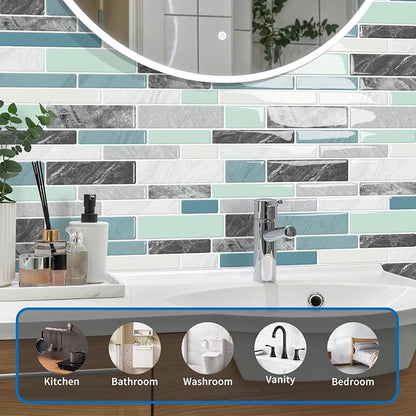 10-Sheet Peel and Stick Kitchen Backsplash Tiles | 3D Waterproof Self Adhesive Wall Tile Stick on Backsplash for Kitchen and Bathroom(Blue Green,12"×12")