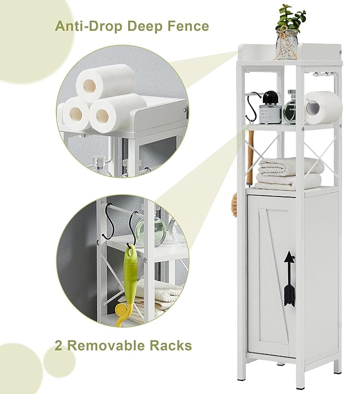 VECELO Small Bathroom Cabinet,Slim Toilet Paper Holder with Door & 2 Shelves,Narrow Storage Organizers Fenced Top Waterproof Coating for Restroom Bathroom in Tiny Space,White