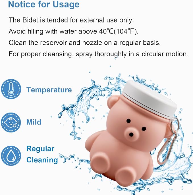 Cute Portable Bidet for Kids, Lovely Baby Bidet Spray Bottle, 300ml Compact Travel Size Camping Peri Bottle with Retractable and Angle-Adjustable Nozzle for Home, Outdoors, Camping & Travel Pink(1pc)