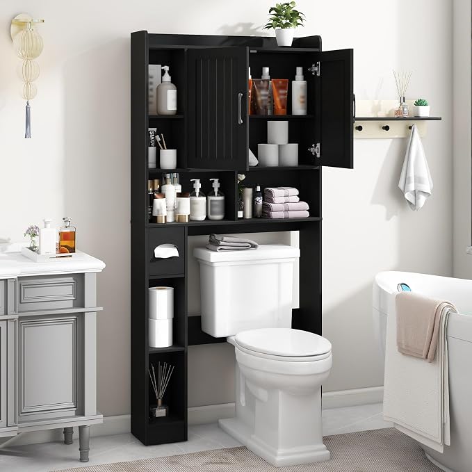 Vabches Farmhouse Over The Toilet Storage Cabinet with Barn Door, Black | Storage Cabinet Over Toilet, Home Space-Saving Toilet Rack, for Bathroom, Restroom, Laundry