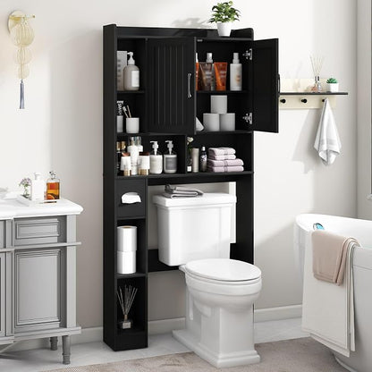 Vabches Farmhouse Over The Toilet Storage Cabinet with Barn Door, Black | Storage Cabinet Over Toilet, Home Space-Saving Toilet Rack, for Bathroom, Restroom, Laundry