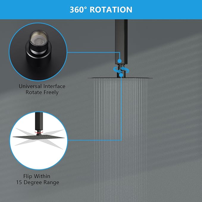 Lordear Rain Shower Heads High Pressure, Rainfall Showerhead for Bathroom Fixed Mount, 6 Inch Large Square High Flow Shower Head (Matte Black)