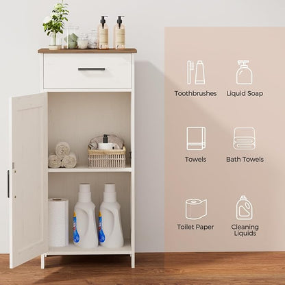 Homhedy Bathroom Storage Cabinet with Drawer & Adjustable Shelf | Freestanding Storage Cabinet for Bathroom, Entryway, Living Room & Kitchen, Rustic White and Brown, 15.7"W