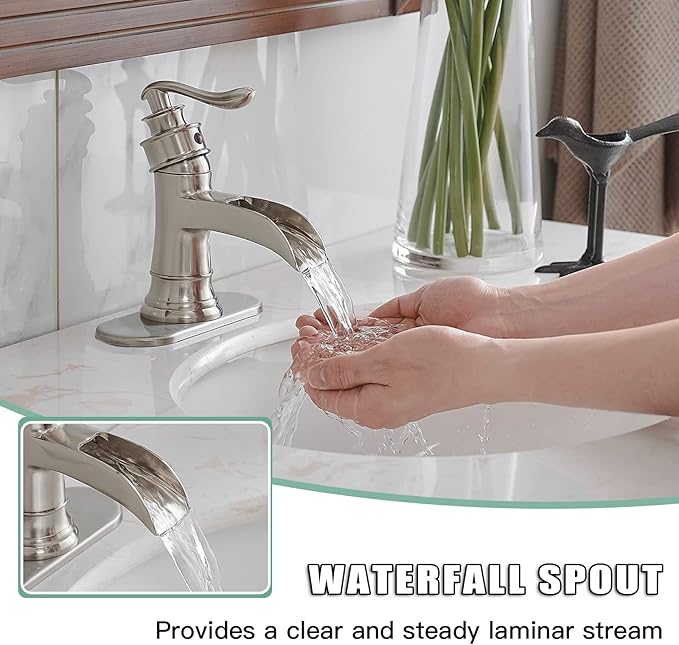 BWE Brass Brushed Nickel Waterfall Sink Faucet, Classic & Modern (No Drain) | Wide Waterfall Spout, Ceramic Cartridge, Fits 1 or 3-Hole Sink, Single Handle, Easy Install, Corrosion Resistance
