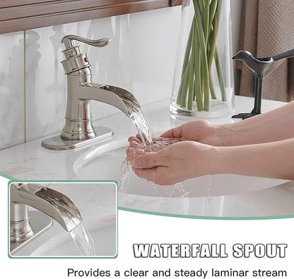 BWE Brass Brushed Nickel Waterfall Sink Faucet, Classic & Modern (No Drain) | Wide Waterfall Spout, Ceramic Cartridge, Fits 1 or 3-Hole Sink, Single Handle, Easy Install, Corrosion Resistance