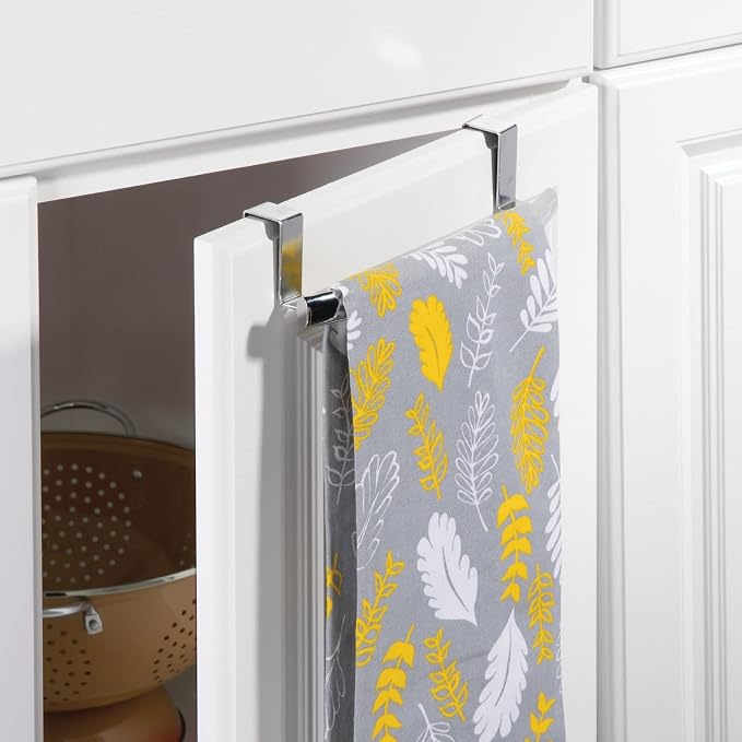 mDesign Steel Over Door Curved Towel Bar Storage, Hanger for Cabinet or Cupboard, Holder Rack for Kitchen, Bathroom - Holds Hand/Dish Towels, Washcloths - Spira Collection - 2 Pack - Chrome