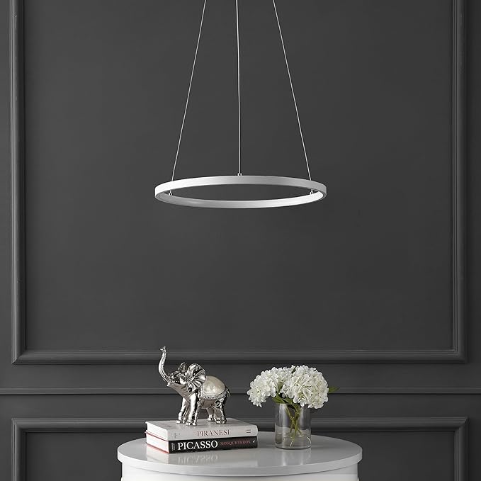 JONATHAN Y 15.75" Matte White Modern Integrated LED Pendant Light, Dimmable Round Hoop Chandelier for Kitchen Island, Dining Room, Adjustable Height Metal Hanging Light (JYL7202I)