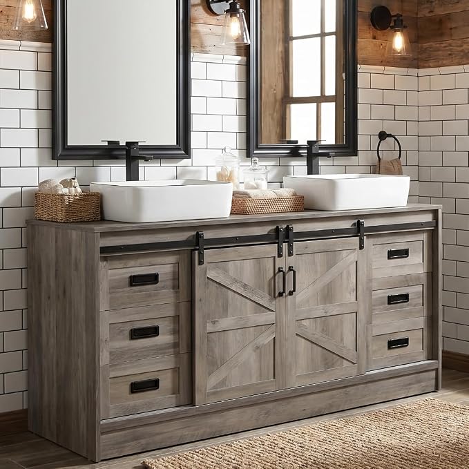 60" Barn Door Bathroom Vanity with 6 Drawers and Two Doors, Farmhouse Style Standing Pedestal Cabinet with Two White Ceramic Sinks