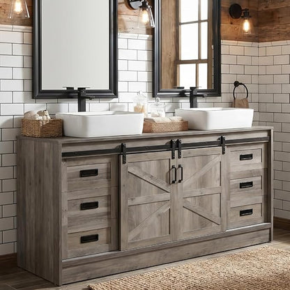 60" Barn Door Bathroom Vanity with 6 Drawers and Two Doors, Farmhouse Style Standing Pedestal Cabinet Without Sink