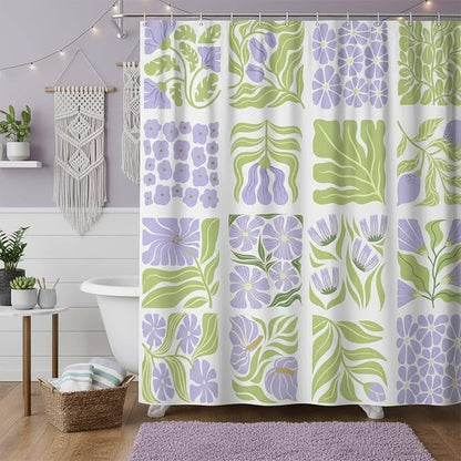 JAWO Cute Boho Floral Shower Curtain, Purple Green Abstract Floral Retro Aesthetic Shower Curtain for Bathroom, Funky Unique Waterproof Fabric Polyester Bath Curtains Decor with Hooks,48Wx70H