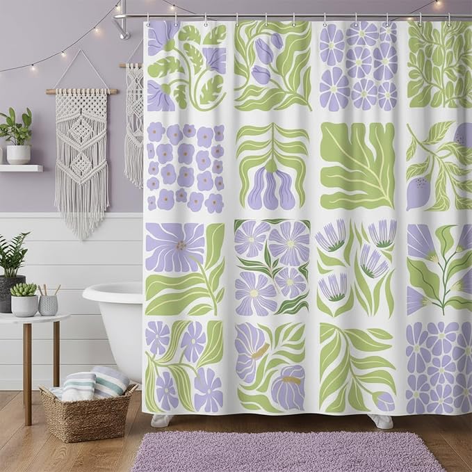 JAWO Cute Boho Floral Shower Curtain, Purple Green Abstract Floral Retro Aesthetic Shower Curtain for Bathroom, Funky Unique Waterproof Fabric Polyester Bath Curtains Decor with Hooks,47Wx64H