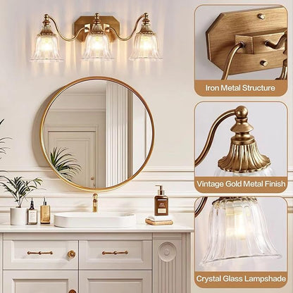 Gold Vintage Bathroom Light Fixtures, 3-Lights Bathroom Vanity Light, Antique Brushed Gold Lighting Fixtures Over Mirror with Crystal Glass Shade, Wall Sconce Lighting