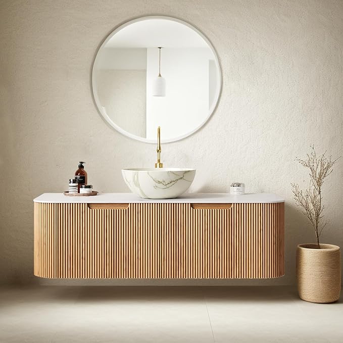 48" Floating Bathroom Vanity with Sink, Plywood Bathroom Storage Cabinet with Bowl Shape Marble Ceramic Basin and Countertop, Large Soft-Closing Storage Drawer, Pre-Assembled, Nature Wood