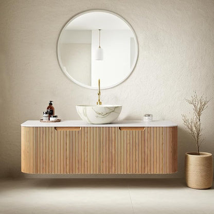 48" Floating Bathroom Vanity with Sink, Plywood Bathroom Storage Cabinet with Bowl Shape Marble Ceramic Basin and Countertop, Large Soft-Closing Storage Drawer, Pre-Assembled, Nature Wood
