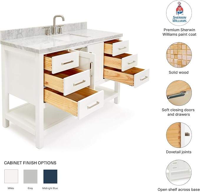 DKB Olivia 54-Inch White Bathroom Vanity with Sink, 1.5-Inch Edge Italian Carrara Marble Countertop & Backsplash, Rectangular Undermount Sink, 2 Soft Closing Doors, 6 Dovetail Drawers, Brushed Nickel