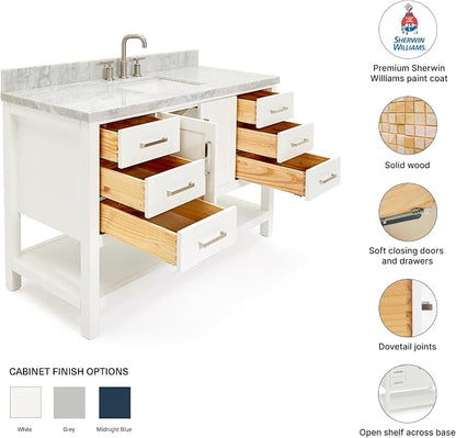 DKB Olivia 54-Inch White Bathroom Vanity with Sink, 1.5-Inch Edge Italian Carrara Marble Countertop & Backsplash, Rectangular Undermount Sink, 2 Soft Closing Doors, 6 Dovetail Drawers, Brushed Nickel