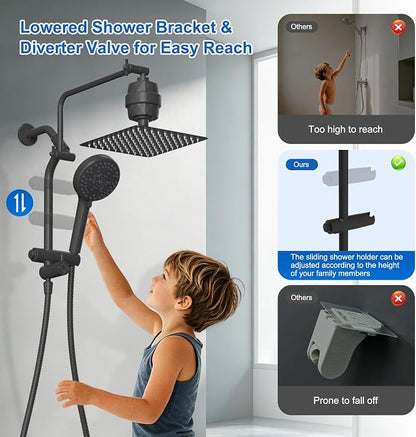 Metal 10" Filtered Rainfall Showerhead Combo, Easy Reach, Matte Black | 4-Way Diverter with Pause Mode, High Pressure Shower Head with 10-Spray Handheld, 71" Hose/12" Extension Arm/Holder