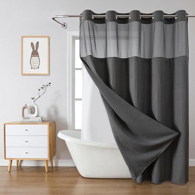 eachope No Hook Long Waffle Shower Curtain, Snap-in Liner,71x86 in,Charcoal | 230 GSM waffle weave fabric, waterproof liner set with 2 bottom magnets, mesh top window, washable, for bathroom or hotel use