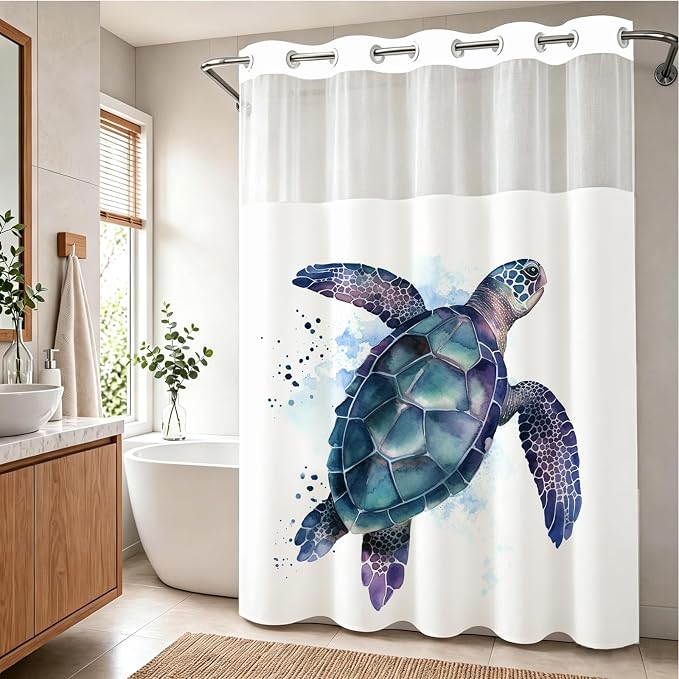 Funny Sea Turtle Shower Curtains Ocean Animal Cartoon Kids Theme No Hook Waffle Weave Shower Curtain with Snap in Liner Polyester Fabric Bathroom Decor Set 72 W x 74 H Inch Teal Purple