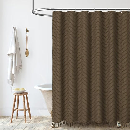 Extra Long Boho Fabric Shower Curtain Tufted Chevron 72"x84" Brown | 84 Inch Tall, Elegant Tassel, Lightweight Textured Fabric, Water Repellent, Washable, Hotel Spa, for Bathroom/Dorm 12 Hooks
