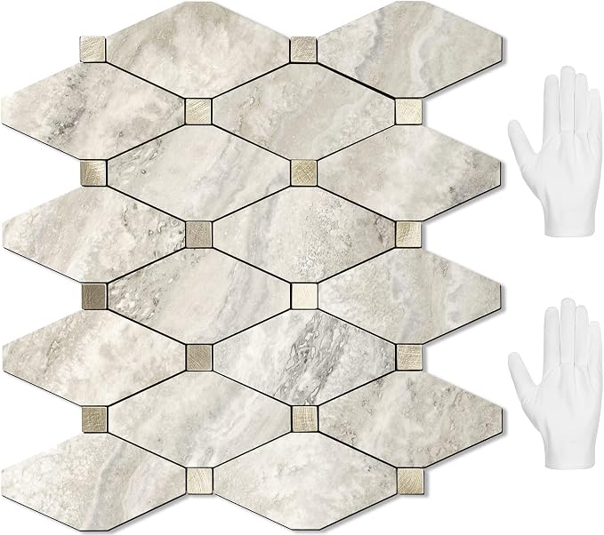 STICKGOO 10 Sheets Peel and Stick Backsplash, Beige | Stick on Mosaic Tiles, Matte PVC Mixed Metal Gold, Self Adhesive Tiles for Kitchen, Fireplace, RV