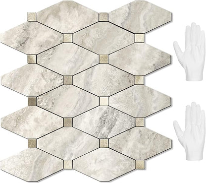 STICKGOO 10 Sheets Peel and Stick Backsplash, Beige | Stick on Mosaic Tiles, Matte PVC Mixed Metal Gold, Self Adhesive Tiles for Kitchen, Fireplace, RV