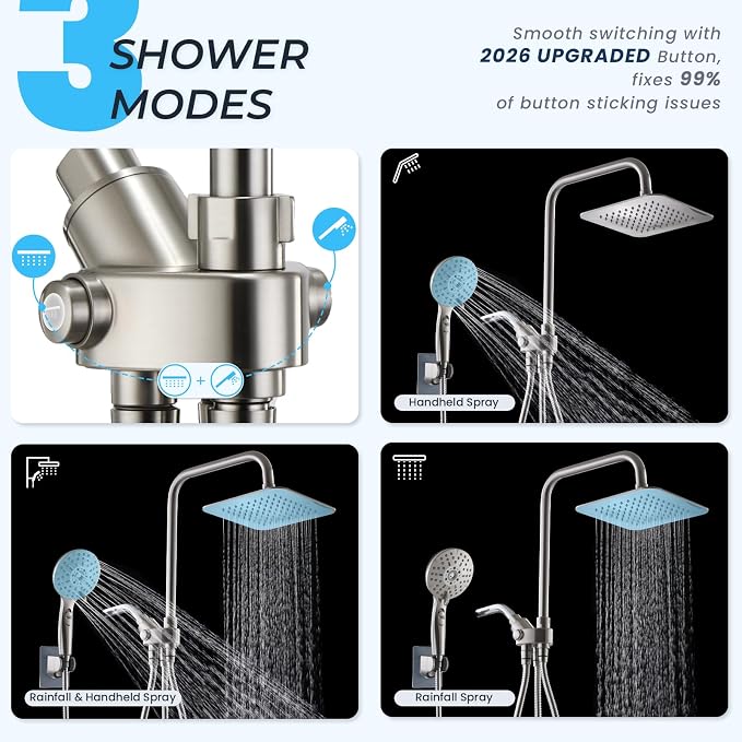 Dual Shower Head Combo, 8'' High Pressure Rain Shower Head with Handheld Spray, 6+1 Spray Settings Handheld Showerhead, Height Adjustable, One-touch Pause Button, Brushed Nickel