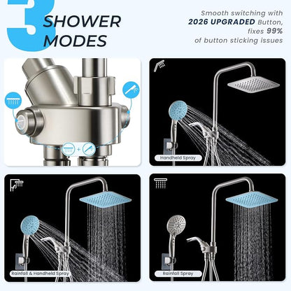 Dual Shower Head Combo, 8'' High Pressure Rain Shower Head with Handheld Spray, 6+1 Spray Settings Handheld Showerhead, Height Adjustable, One-touch Pause Button, Brushed Nickel