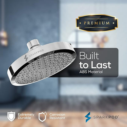 SparkPod 6" Round Rain Shower Head with 16" Shower Arm | Shower Head & Extension Arm Combo, Height Adjustable, High Pressure Performance, Easy 1-Minute Installation, Polished Chrome