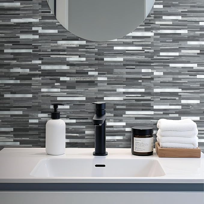 DICOFUN Peel and Stick Backsplash Tiles, Black & Grey Wood Look PVC Mixed Metal Stick on Backsplash Tiles, 1 Sheet